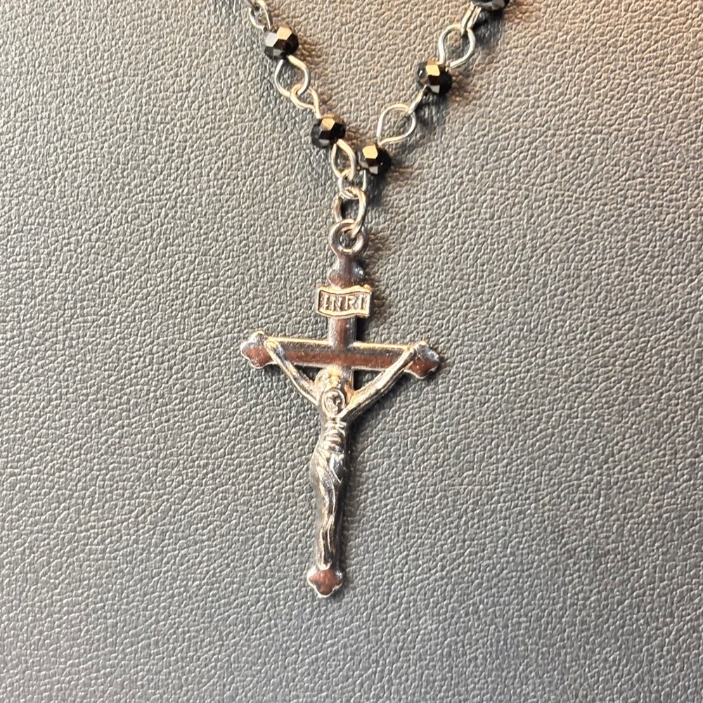 Y2K Vintage Rosary Necklace Black Silver Crucifix Goth Whimsygoth Streetwear